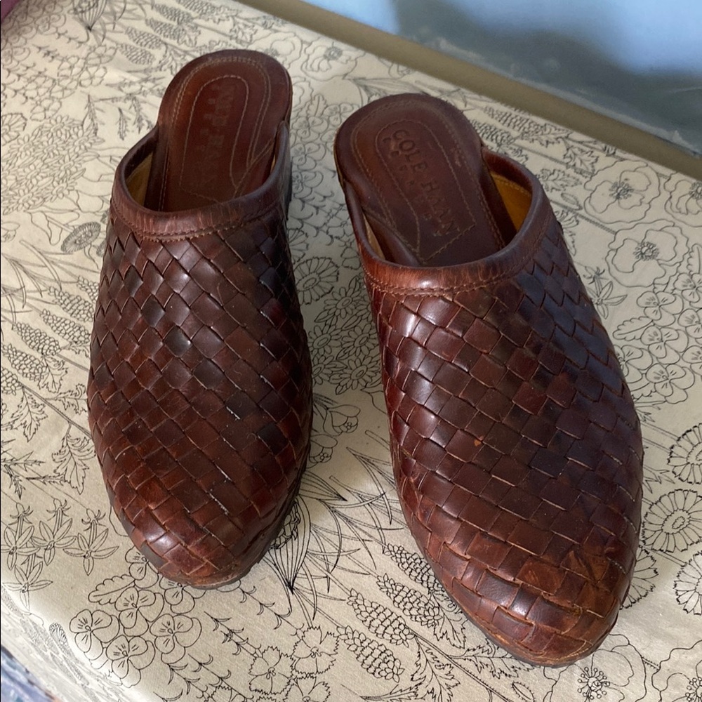 Brown Woven Leather Mules